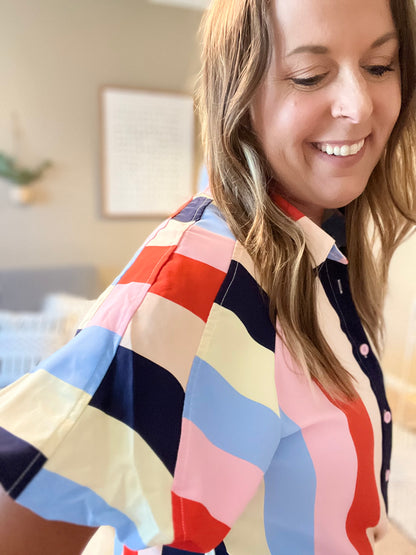 Color block puff sleeve button-down top