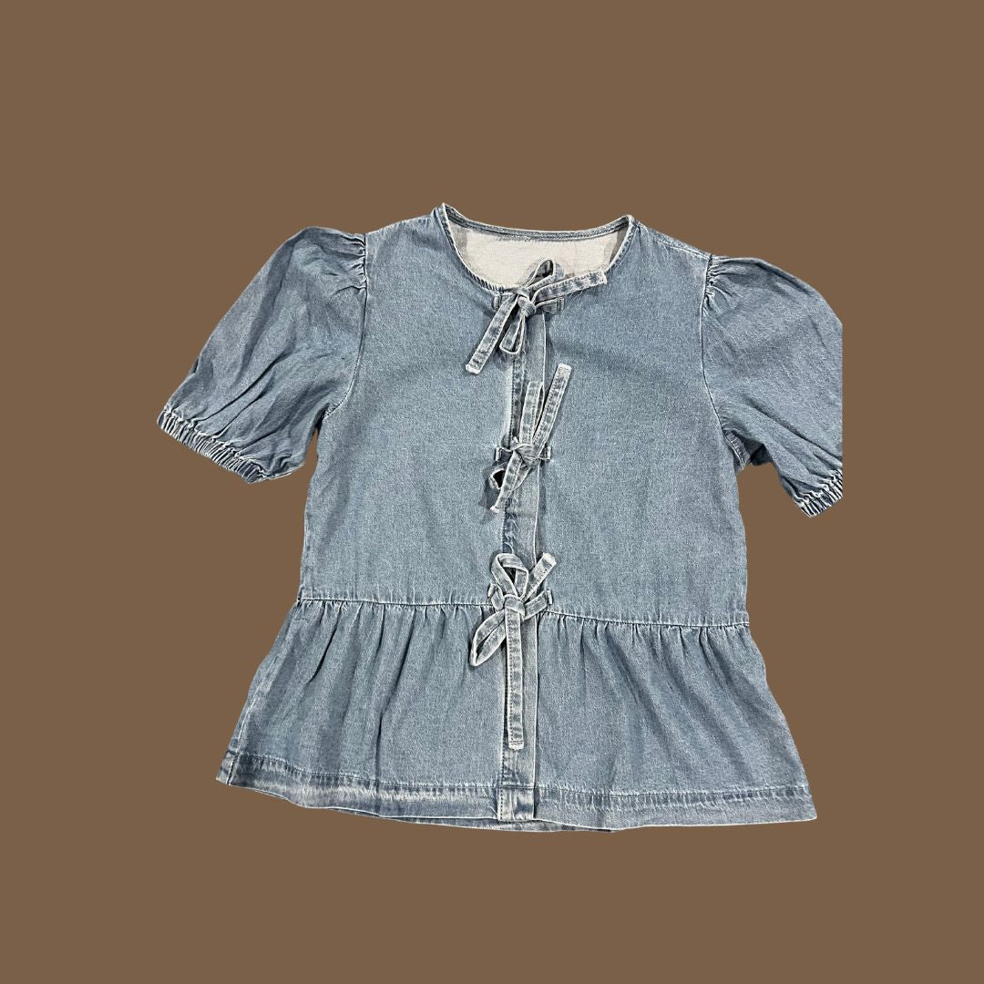 Tied front peplum denim shirt