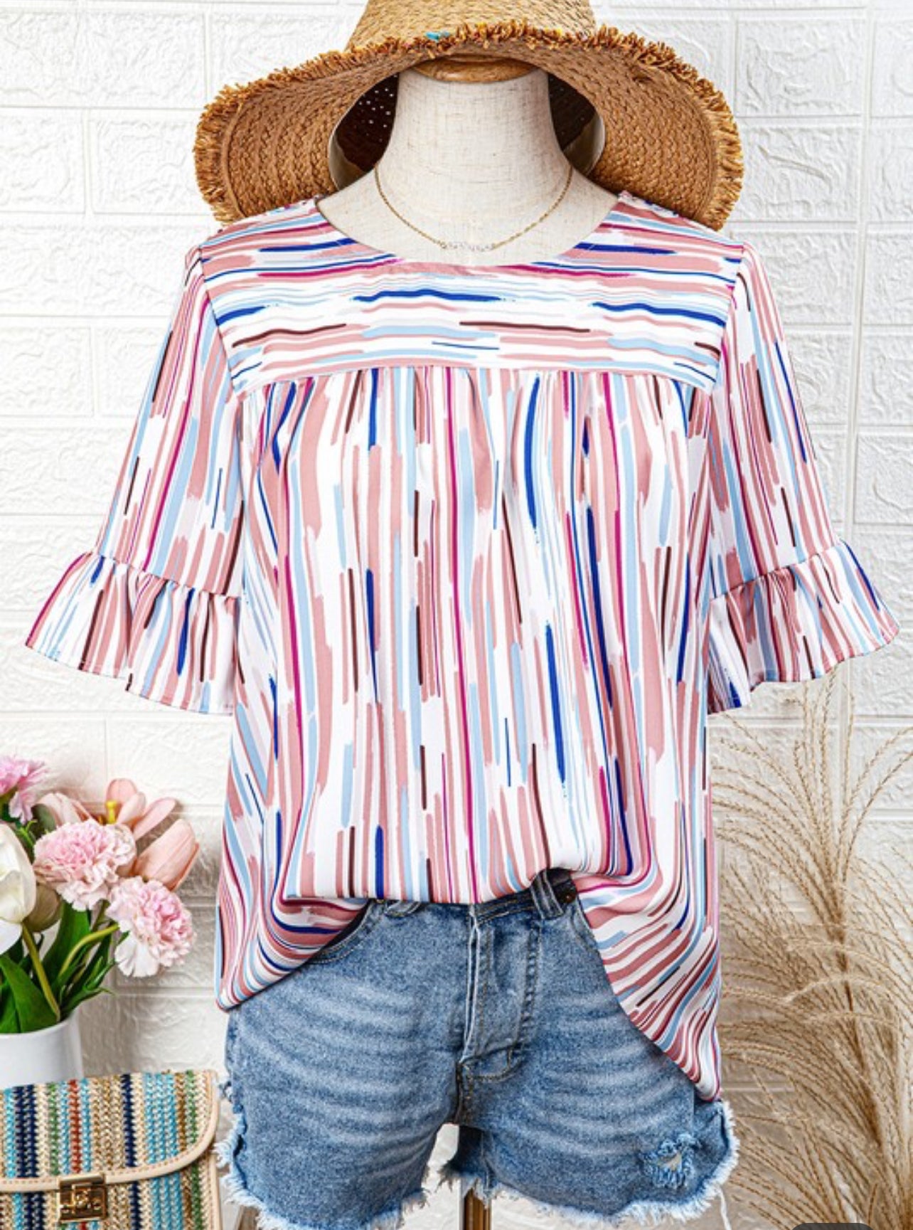 Multicolor splash stripe half sleeve blouse