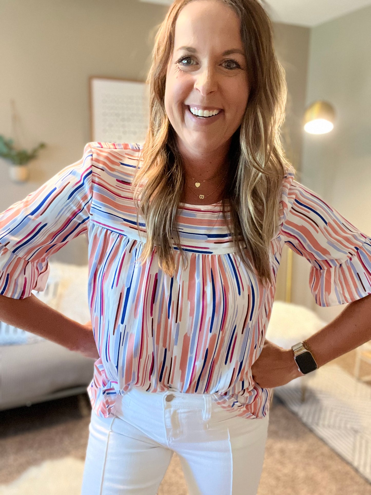 Multicolor splash stripe half sleeve blouse