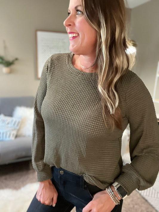 Long sleeve thermal knit top Oatmeal/Olive