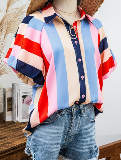 Color block puff sleeve button-down top