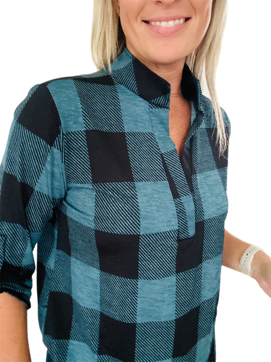 Roll Up Button Sleeve Plaid Top