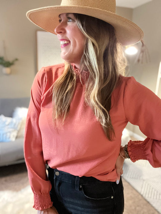 Long sleeve high neck top terracotta