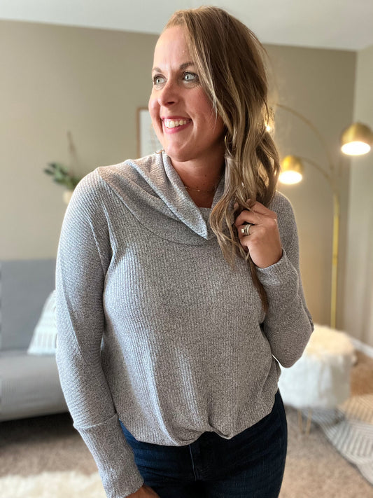 Cowl neck waffle knit top with draping detail in front - gray