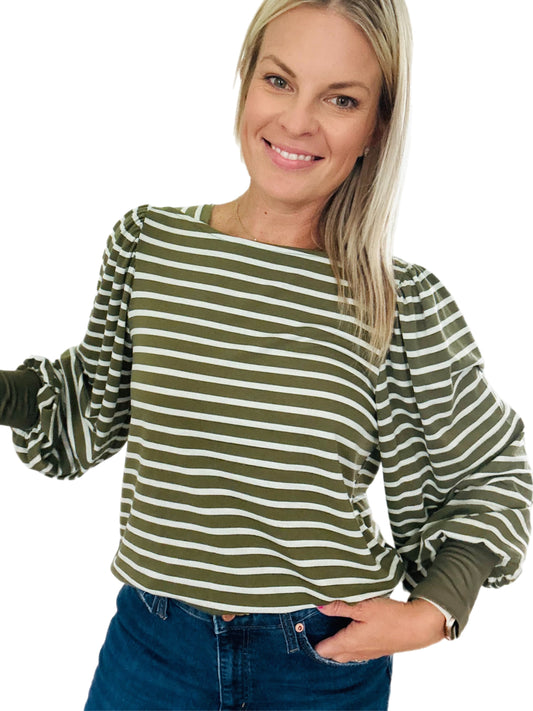 Stripe long sleeve boat neck top - olive