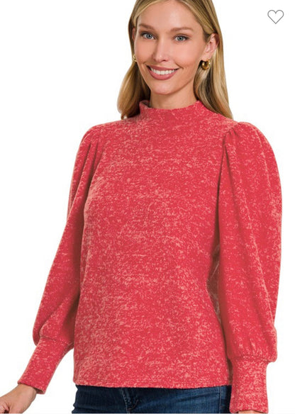 Puffed sleeve, mock neck sweater-dark red/vivid magenta