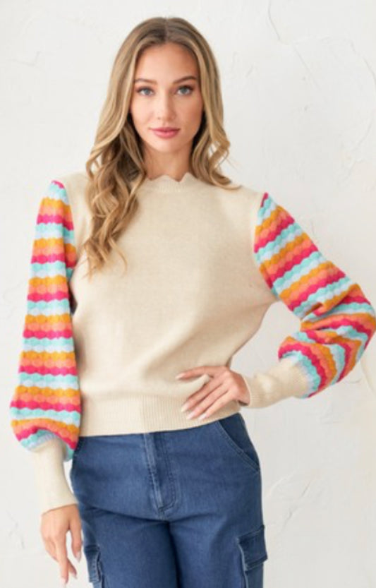 scalloped neck multi color sleeve sweater