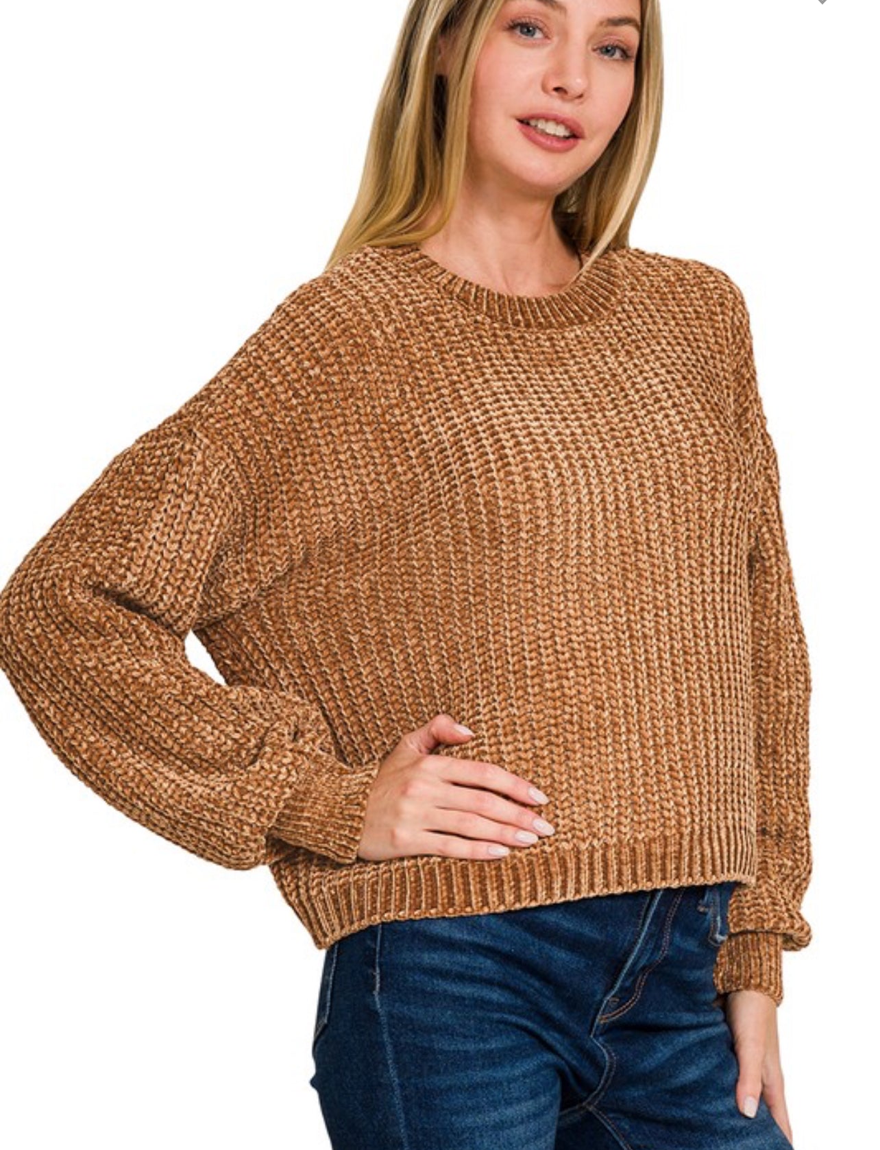 Chenille round neck, crop sweater