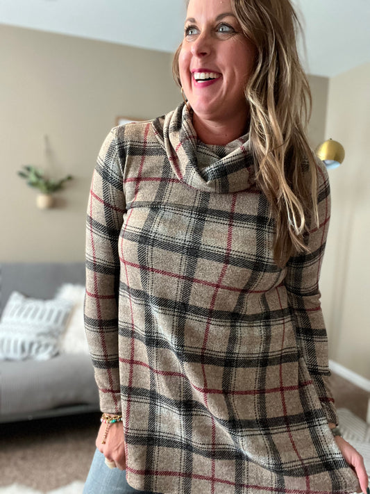 Plaid cowl neck tunic