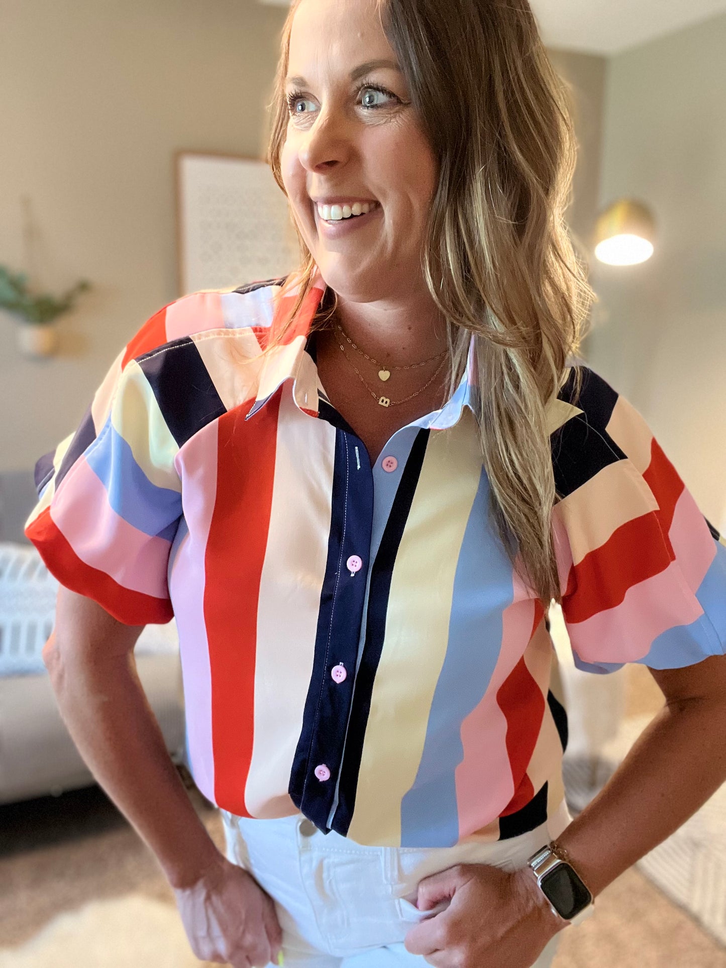 Color block puff sleeve button-down top