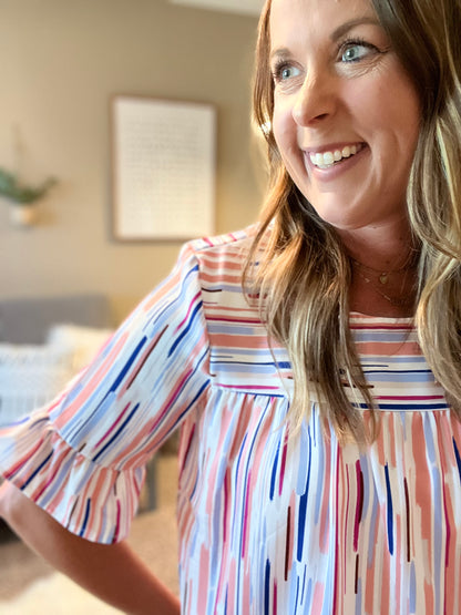 Multicolor splash stripe half sleeve blouse