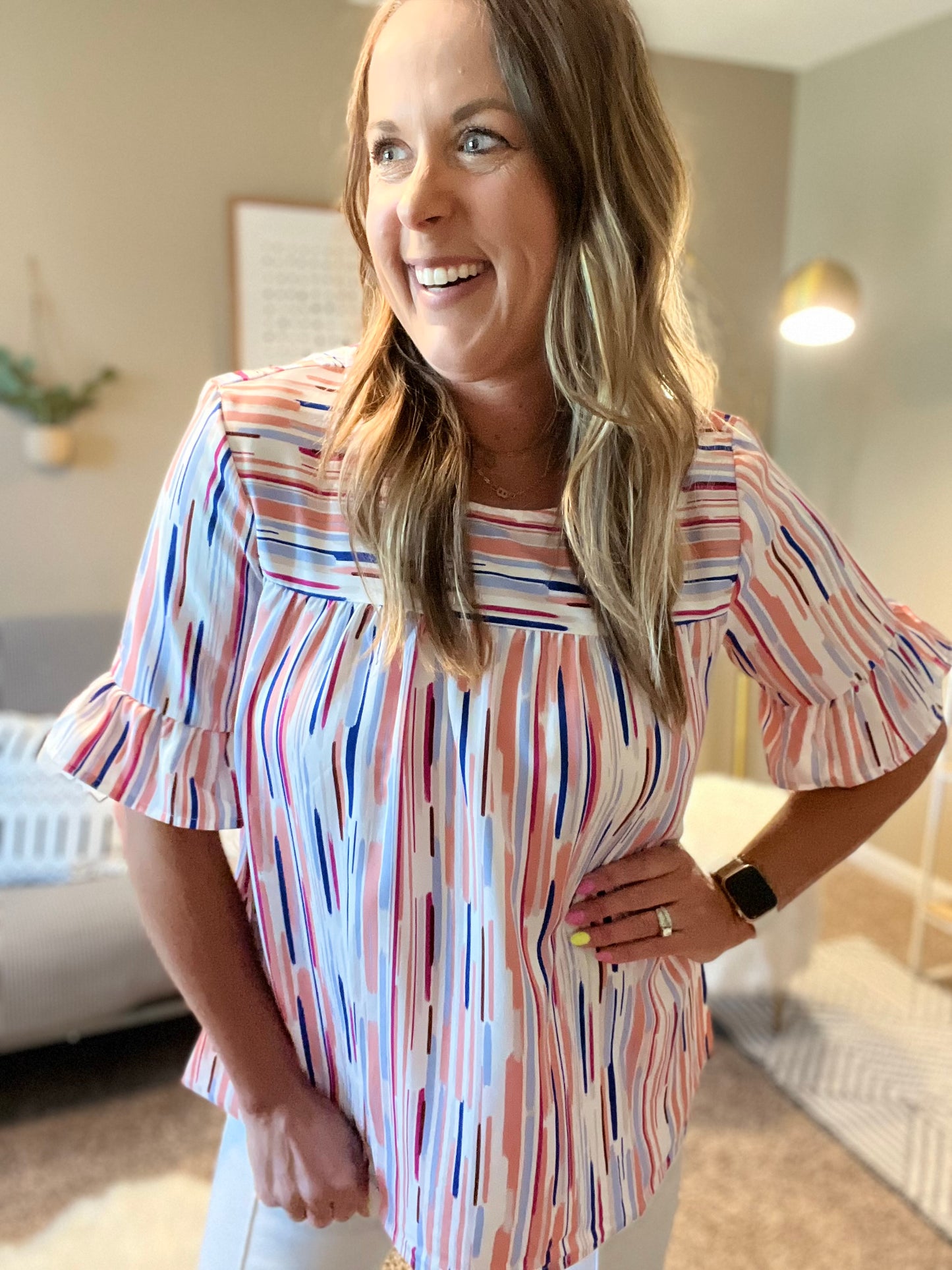 Multicolor splash stripe half sleeve blouse