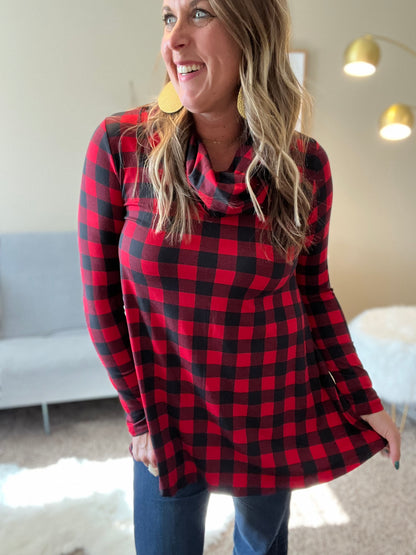 Red check cowl neck tunic