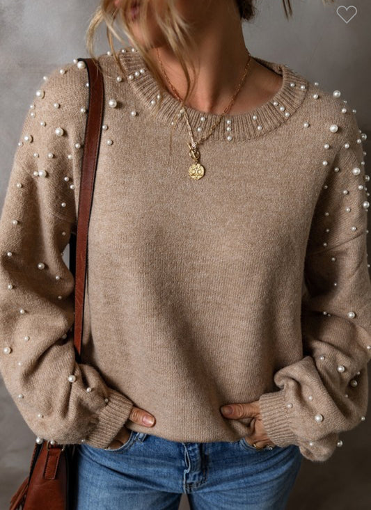 Pearled shoulder round neck sweater