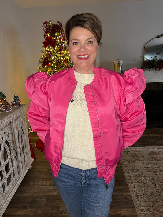 Ruffle sleeve bomber jacket