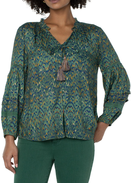 Liverpool long sleeve popover blouse - emerald ikat print